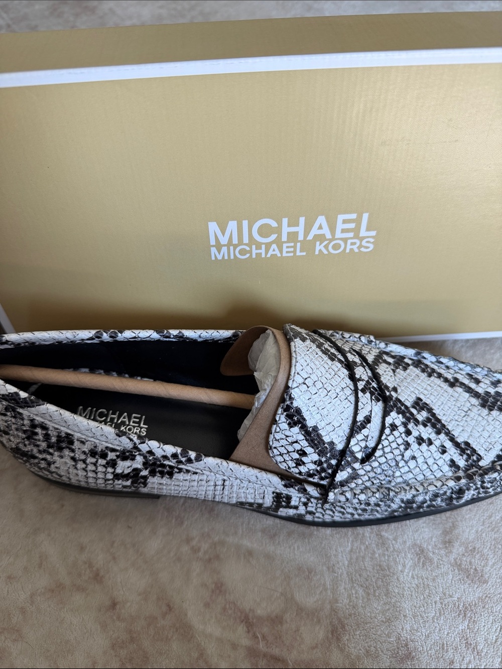Women’s Michael Kors Snake-Print Penny Loafers in Black & White - Picture 3 of 8